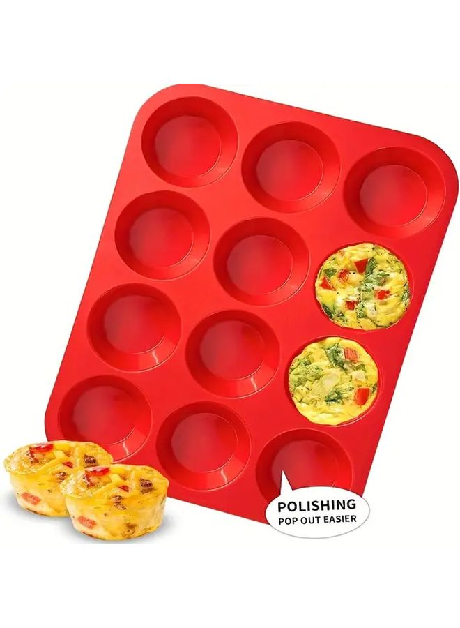 Bright Red 12 Cup Silicone Muffin Pan Nonstick BPA Free Cupcake Mold Baking Tool - Image 4